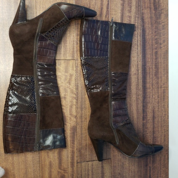 GUC Bandolino Brown Patchwork Knee High Heel Boots - Picture 3 of 8